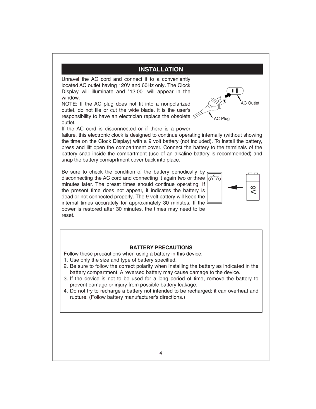 Curtis CR4975 owner manual Installation, Battery Precautions 