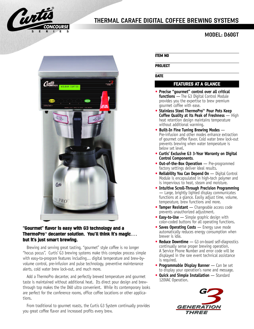 Curtis warranty MODEL D60GT, Thermal Carafe Digital Coffee Brewing Systems, Features At A Glance 