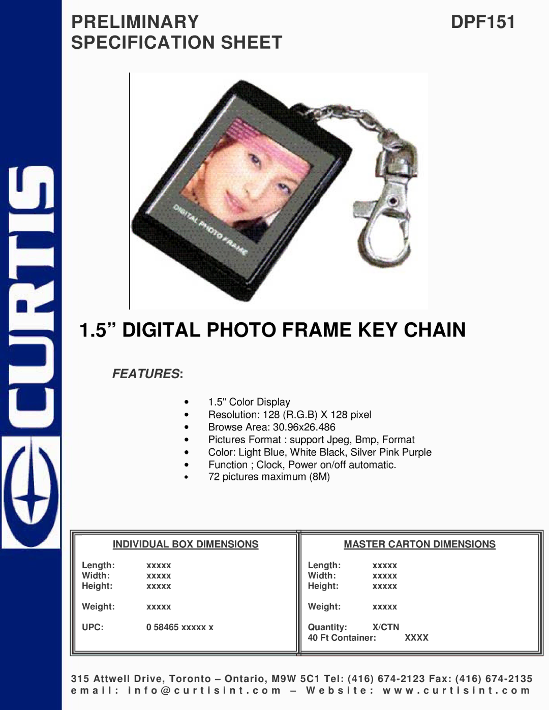 Curtis DPF151 specifications Digital Photo Frame KEY Chain, Features, Individual BOX Dimensions Master Carton Dimensions 