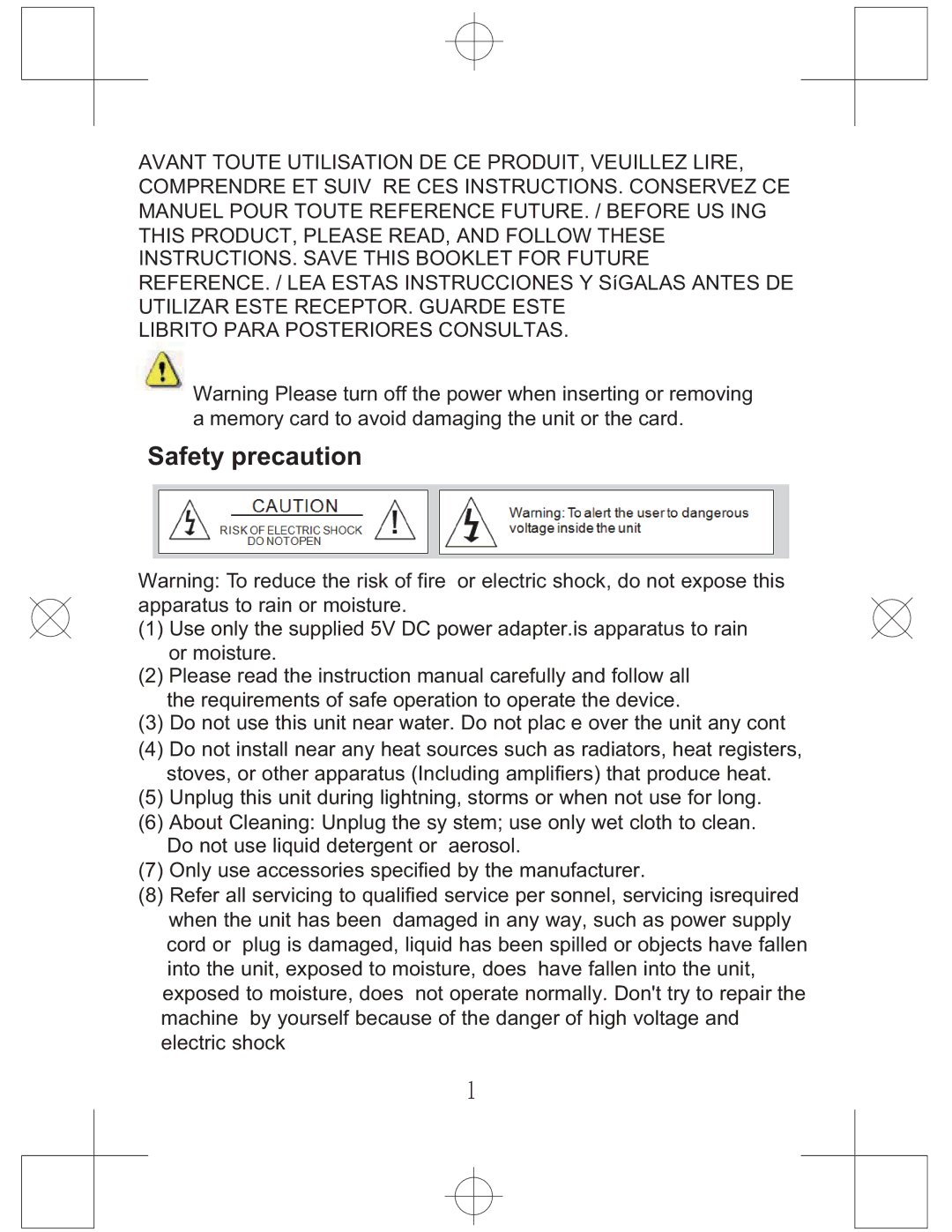 Curtis DPF771 manual Safety precaution 