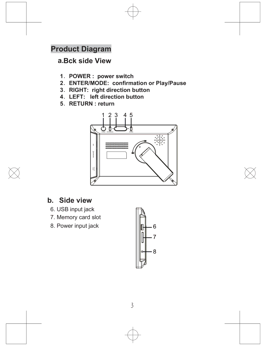 Curtis DPF771 manual Product Diagram, Bck side View, Side view 