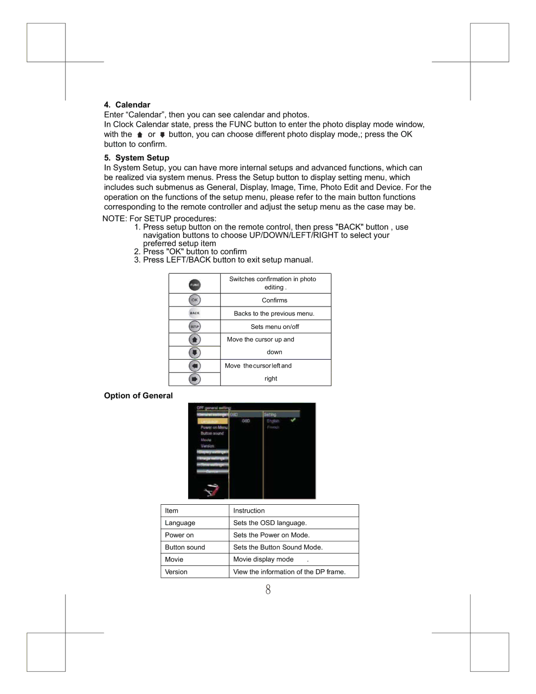 Curtis DPF828 manual Calendar, System Setup, Option of General 