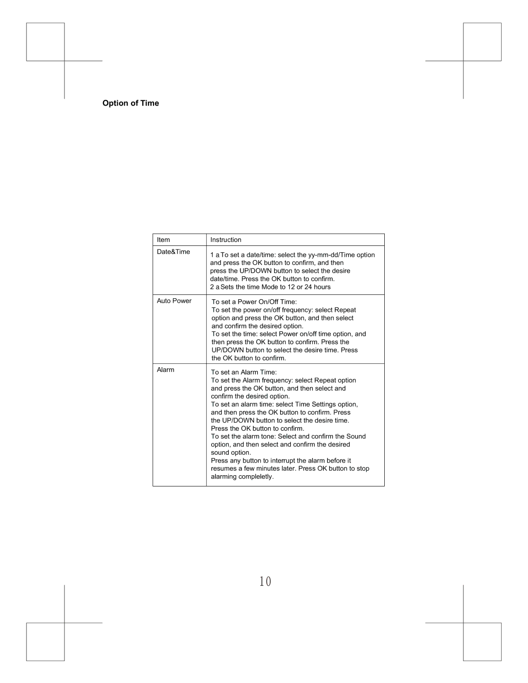 Curtis DPF828 manual Option of Time 