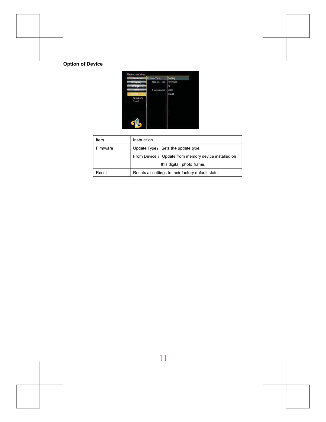 Curtis DPF828 manual Option of Device 