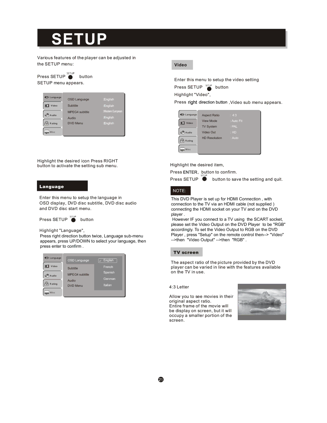 Curtis DV1054HDUK instruction manual OSD Language English 