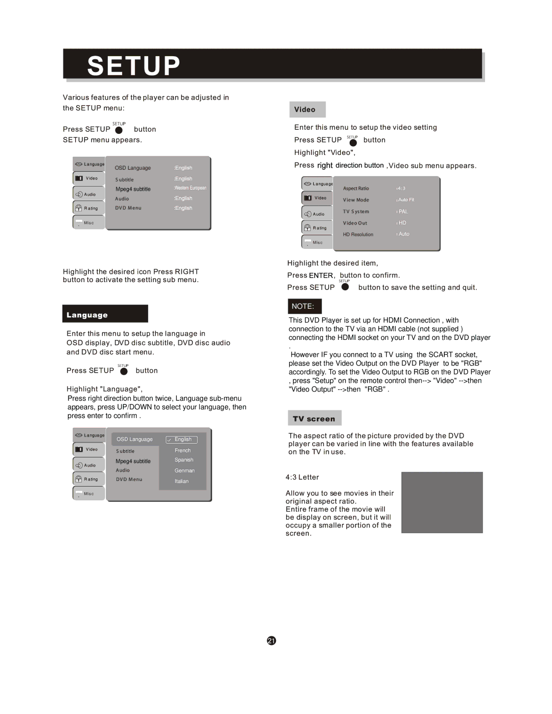 Curtis DV1096HDUK instruction manual OSD Language 