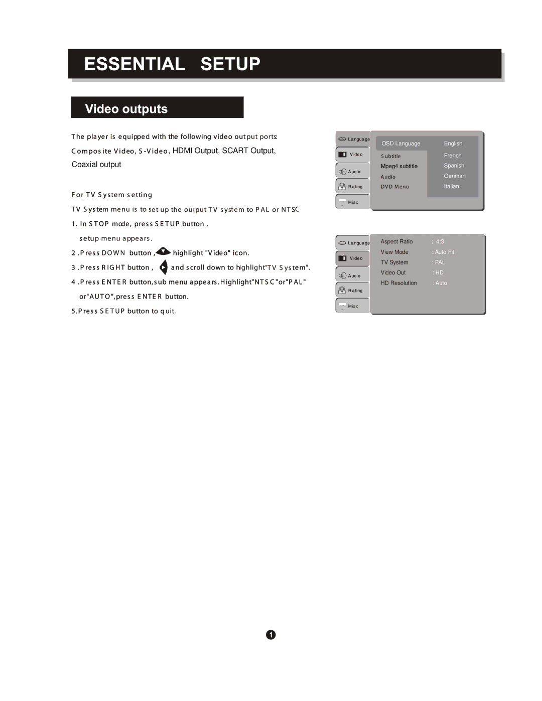 Curtis DV1096HDUK instruction manual Hdmi Output, Scart Output Coaxial output 