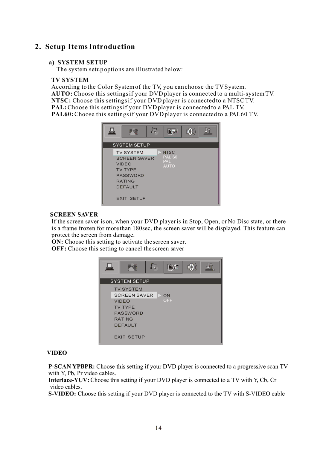 Curtis DVD 1084 user manual System Setup, TV System, Screen Saver, Video 