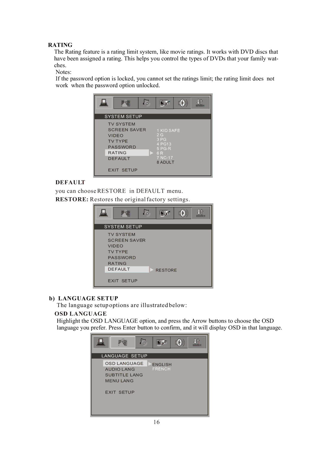 Curtis DVD 1084 user manual Rating, Language Setup 