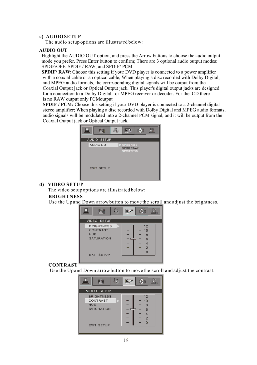 Curtis DVD 1084 user manual Audio Setup, Audio OUT, Video Setup, Brightness, Contrast 