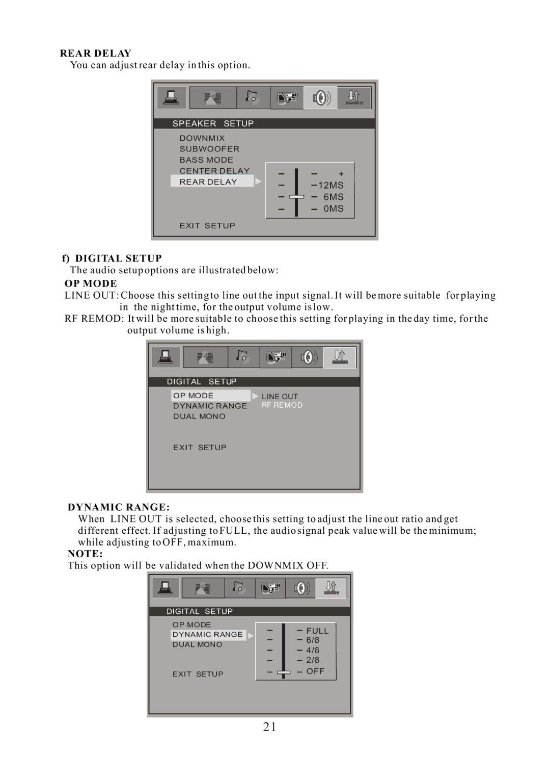 Curtis DVD 1084 user manual Rear Delay, Digital Setup, OP Mode, Dynamic Range 