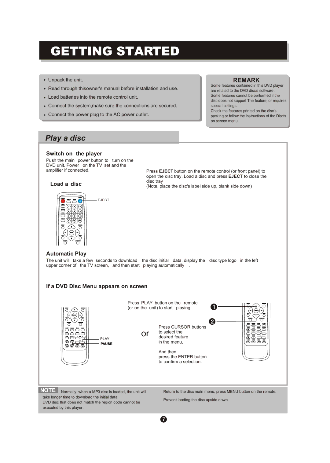 Curtis DVD DVD1072 Play a disc, Switch on the player, Load a disc, Automatic Play, If a DVD Disc Menu appears on screen 