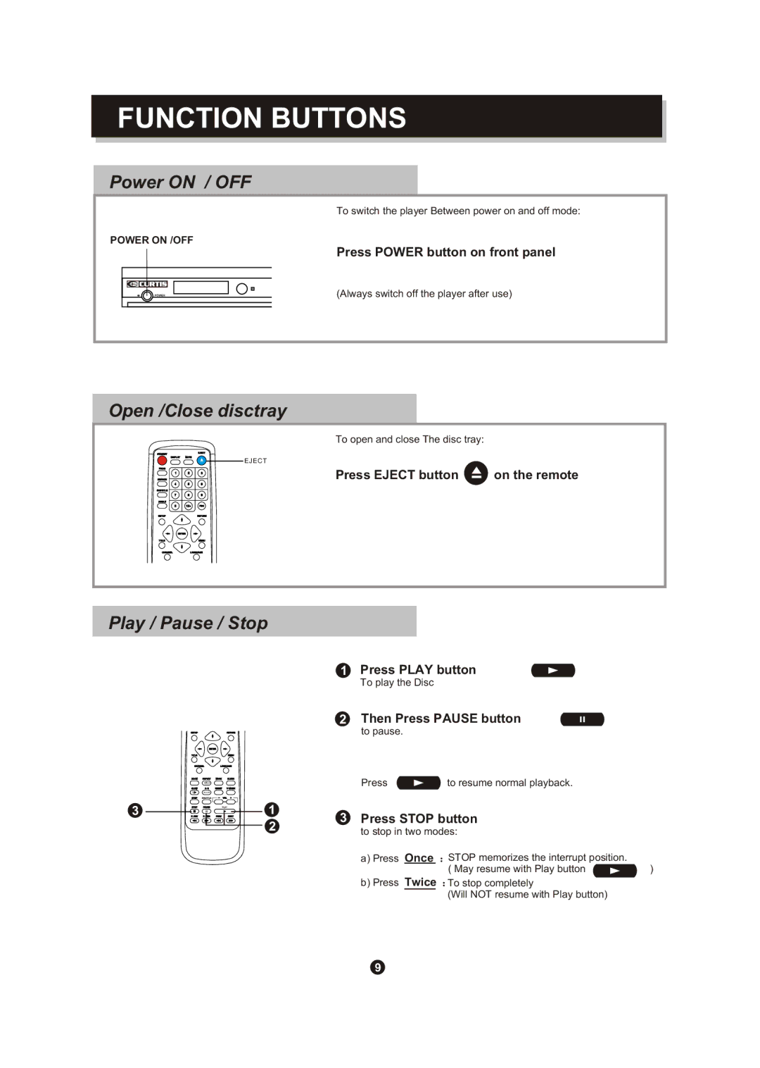 Curtis DVD DVD1072 instruction manual Power on / OFF, Open /Close disctray, Play / Pause / Stop 