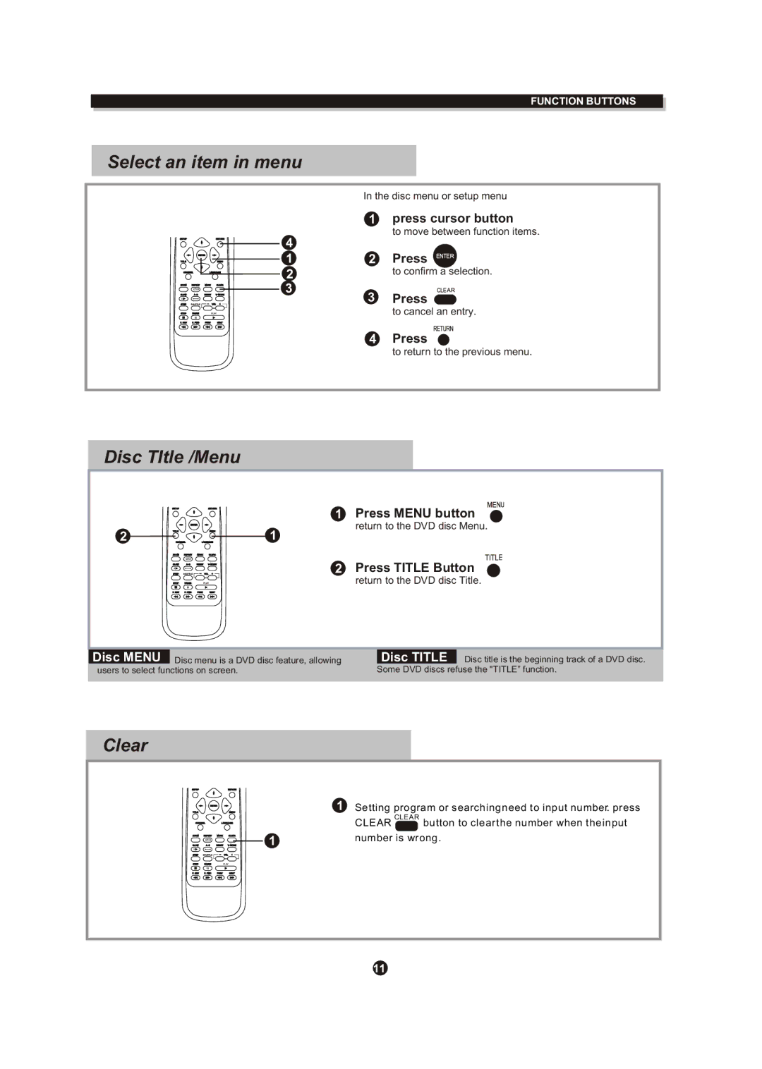 Curtis DVD DVD1072 instruction manual Select an item in menu, Disc TItle /Menu, Clear 