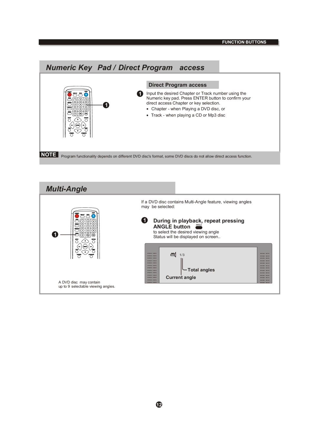 Curtis DVD DVD1072 Numeric Key Pad / Direct Program access, Multi-Angle, During in playback, repeat pressing Angle button 