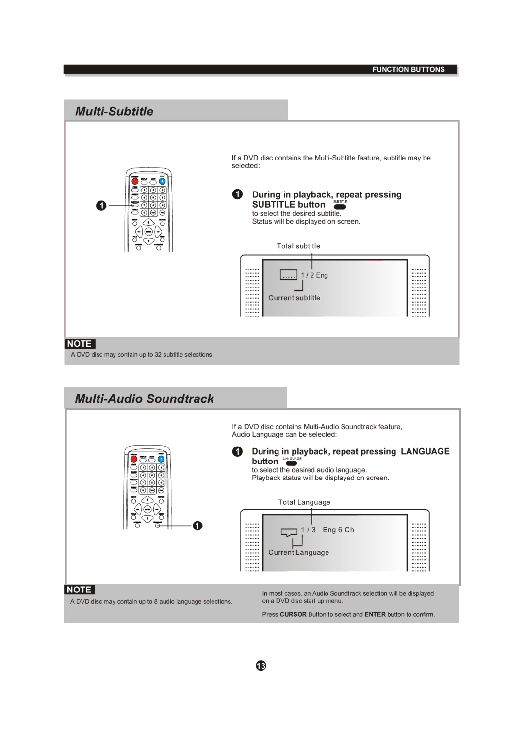 Curtis DVD DVD1072 Multi-Subtitle, Multi-Audio Soundtrack, During in playback, repeat pressing Subtitle button 