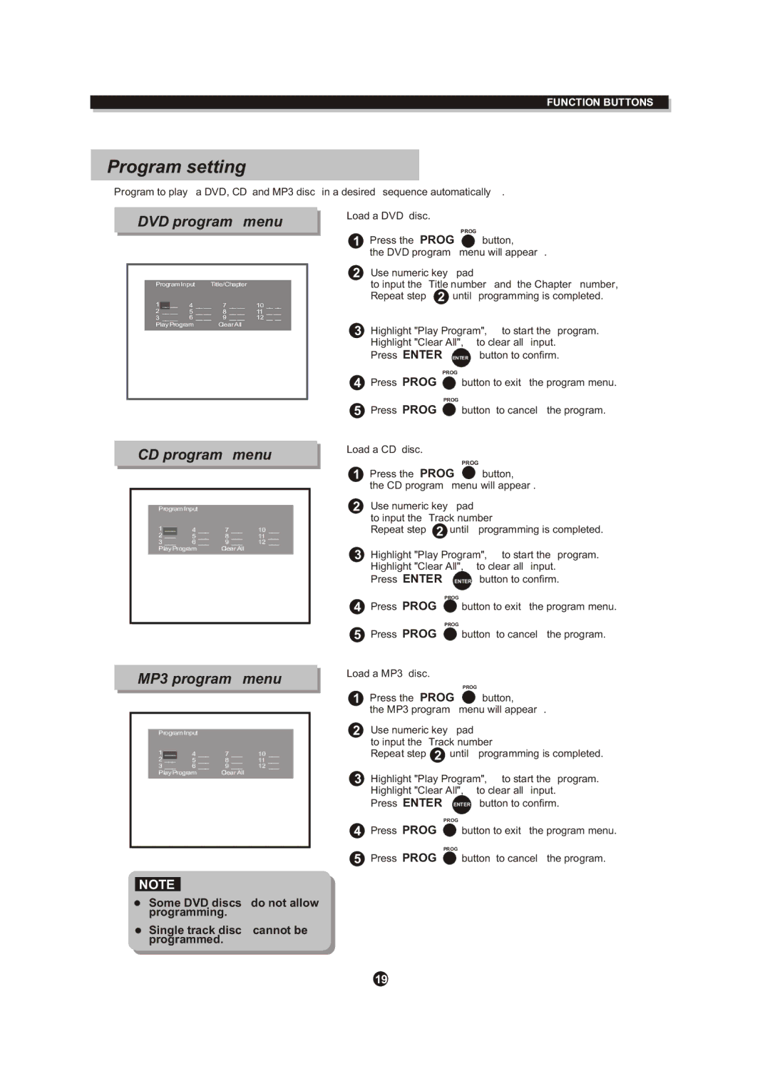 Curtis DVD DVD1072 instruction manual Program setting, DVD program menu 