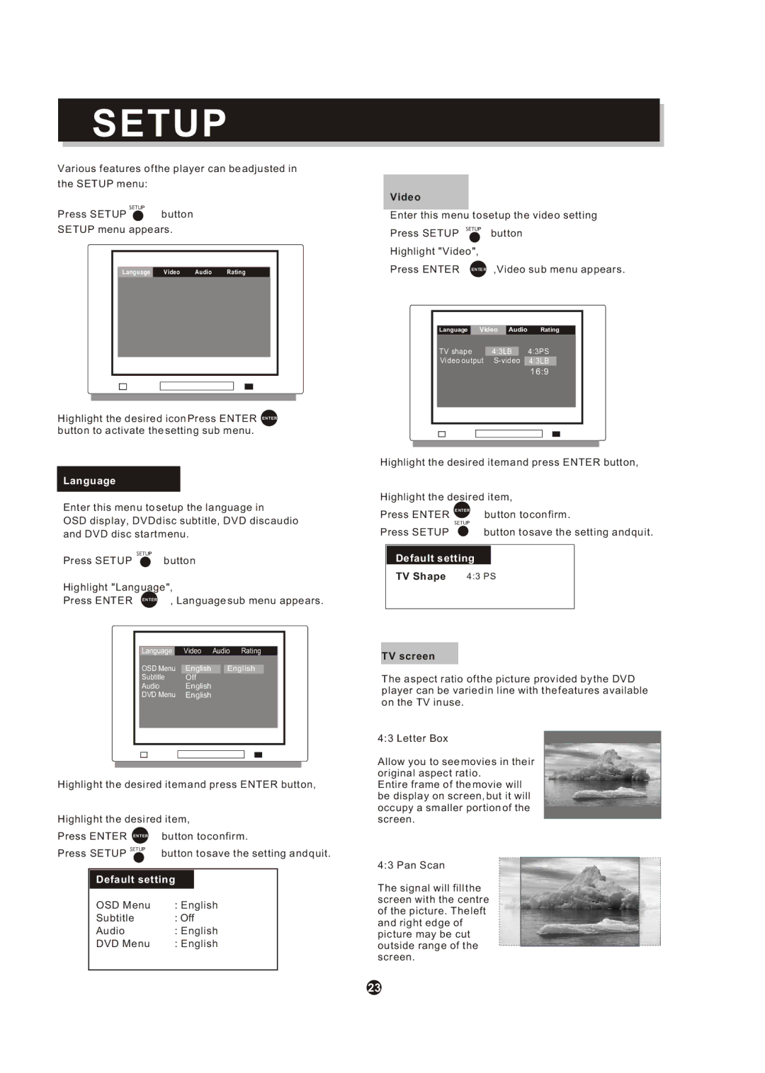 Curtis DVD DVD1072 instruction manual Setup 