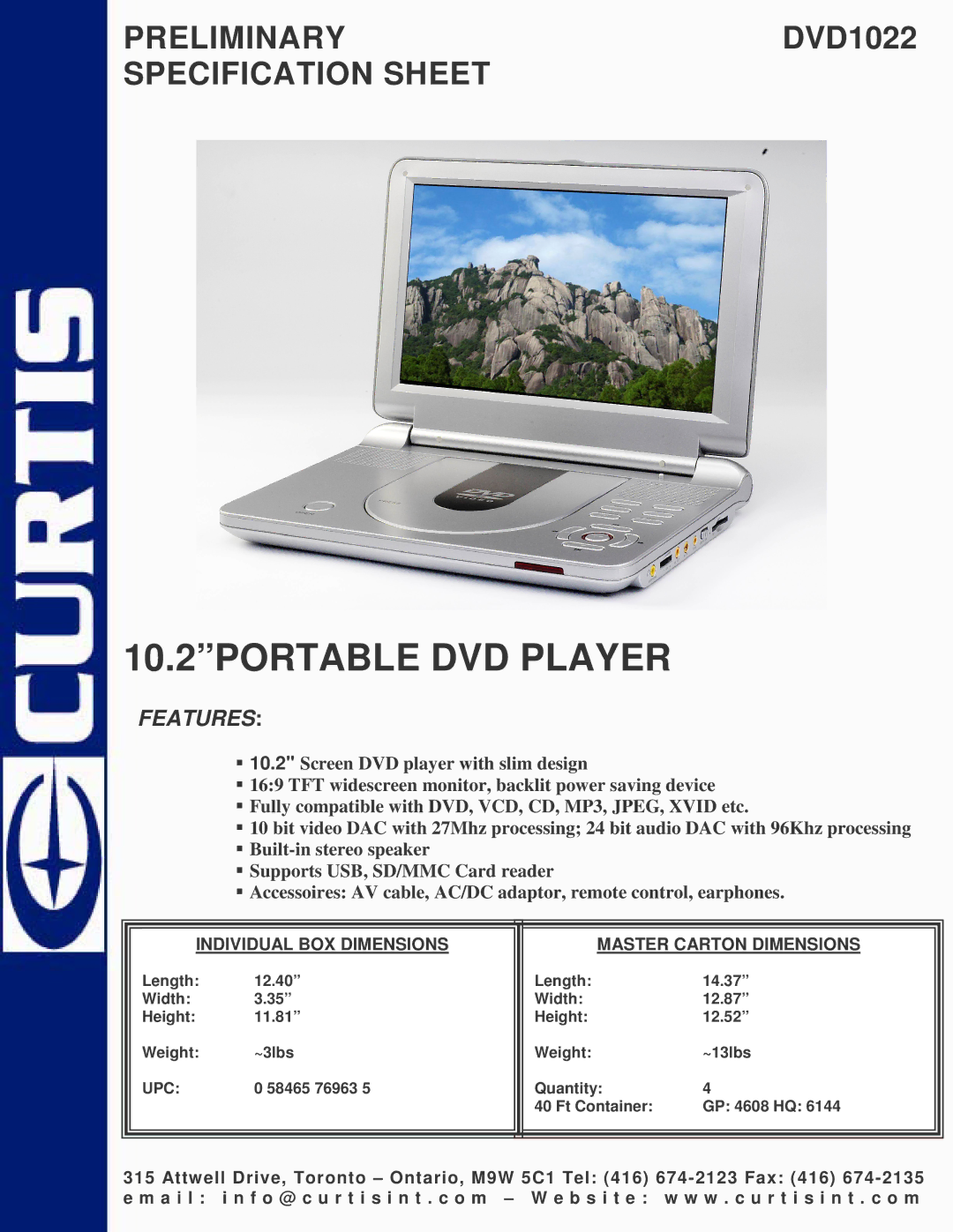 Curtis DVD1022 specifications 10.2PORTABLE DVD Player, Features, Individual BOX Dimensions Master Carton Dimensions 