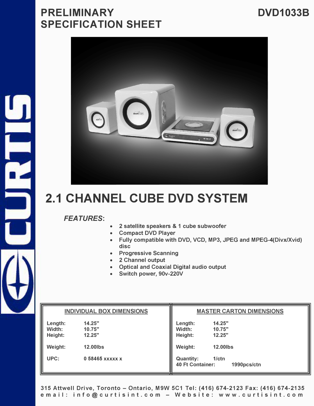 Curtis DVD1033B specifications Channel Cube DVD System, Features, Individual BOX Dimensions Master Carton Dimensions 