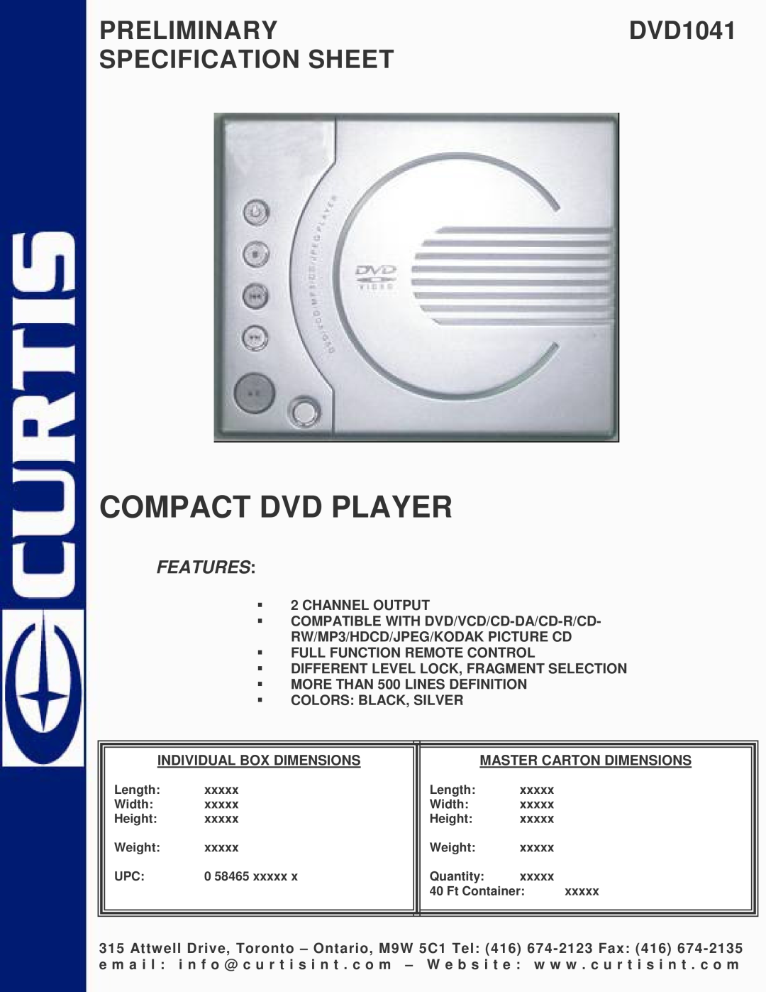 Curtis specifications Compact Dvd Player, PRELIMINARYDVD1041 SPECIFICATION SHEET, Features 