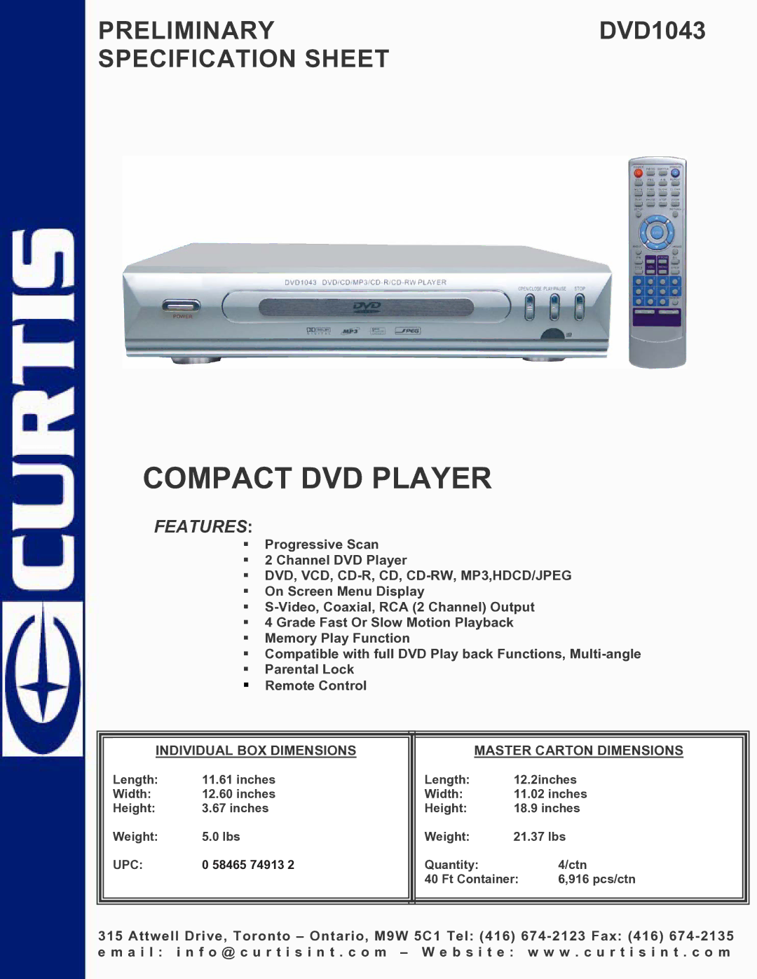 Curtis DVD1043 specifications Compact DVD Player, Features, ƒ DVD, VCD, CD-R, CD, CD-RW, MP3,HDCD/JPEG 