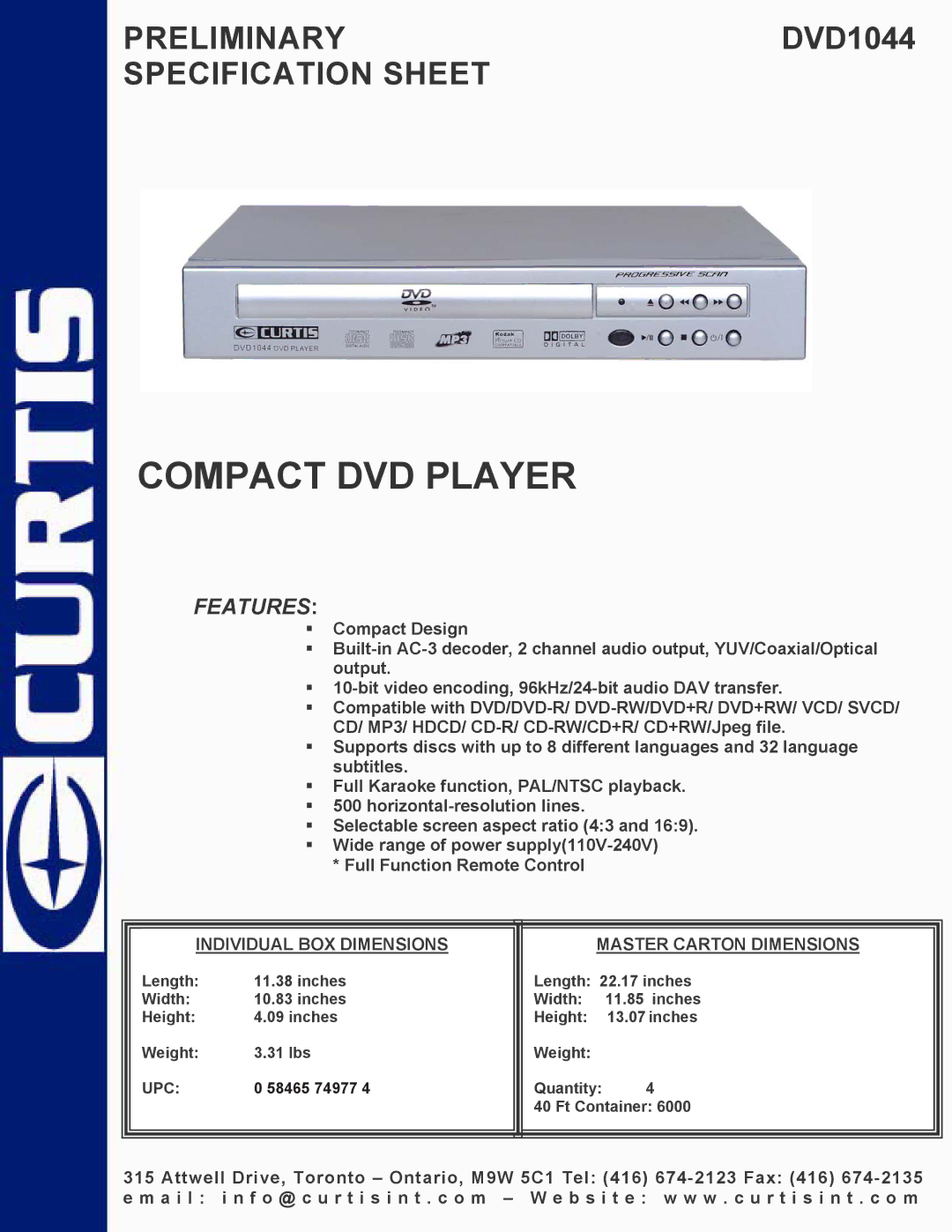 Curtis DVD1044 specifications Compact DVD Player, Features, Individual BOX Dimensions Master Carton Dimensions 