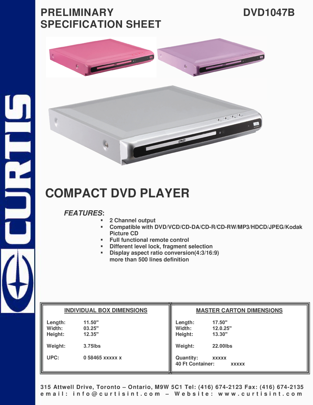 Curtis DVD1047B specifications Compact DVD Player, Features, Individual BOX Dimensions Master Carton Dimensions 