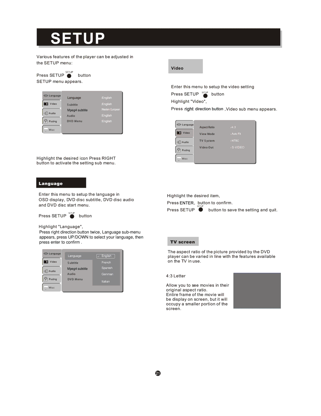 Curtis DVD1053 manual Video 