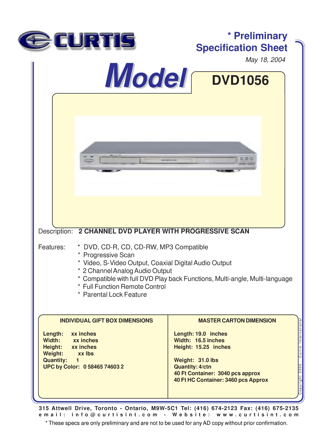 Curtis specifications Model DVD1056, Description 2 Channel DVD Player with Progressive Scan, Master Carton Dimension 