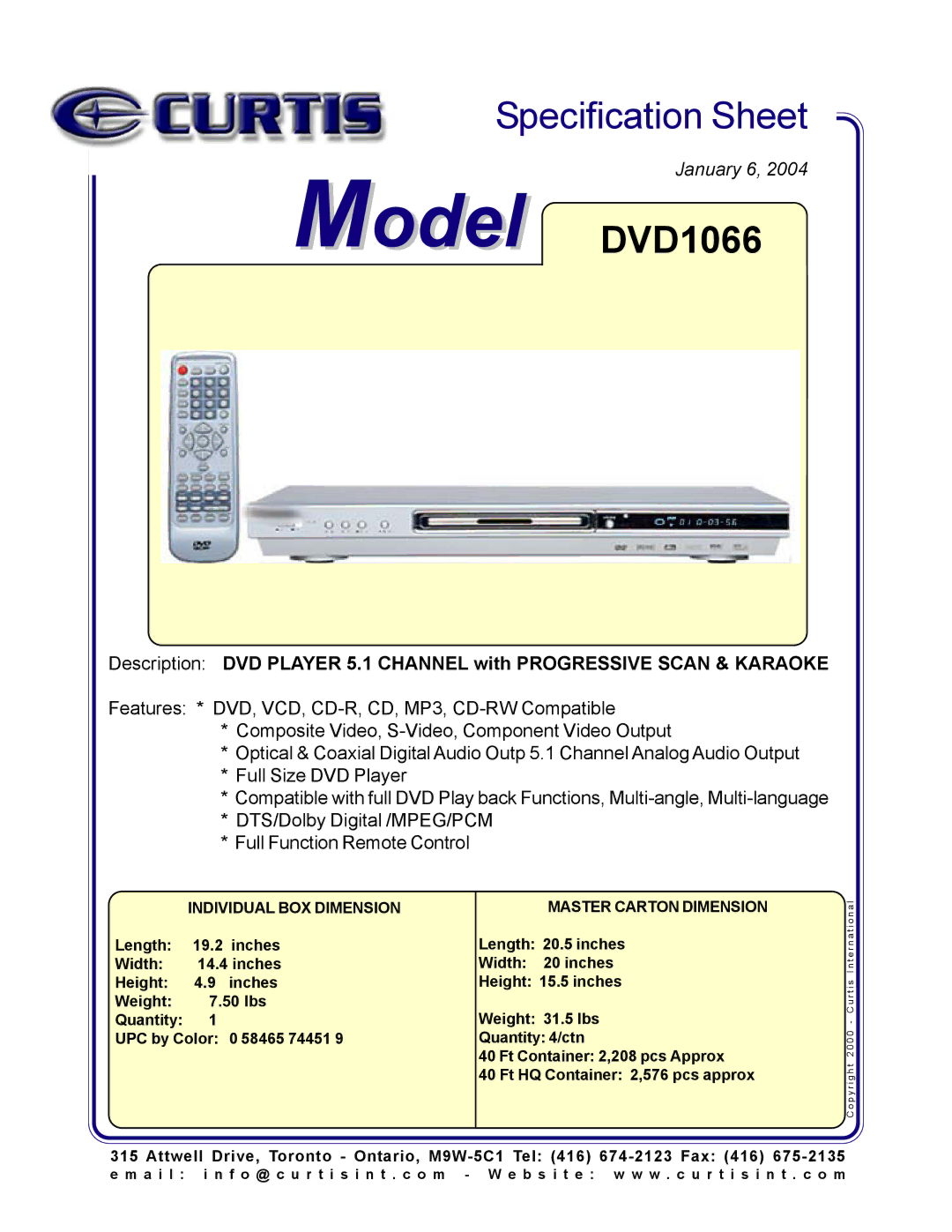 Curtis specifications Model DVD1066, Individual BOX Dimension, Master Carton Dimension 