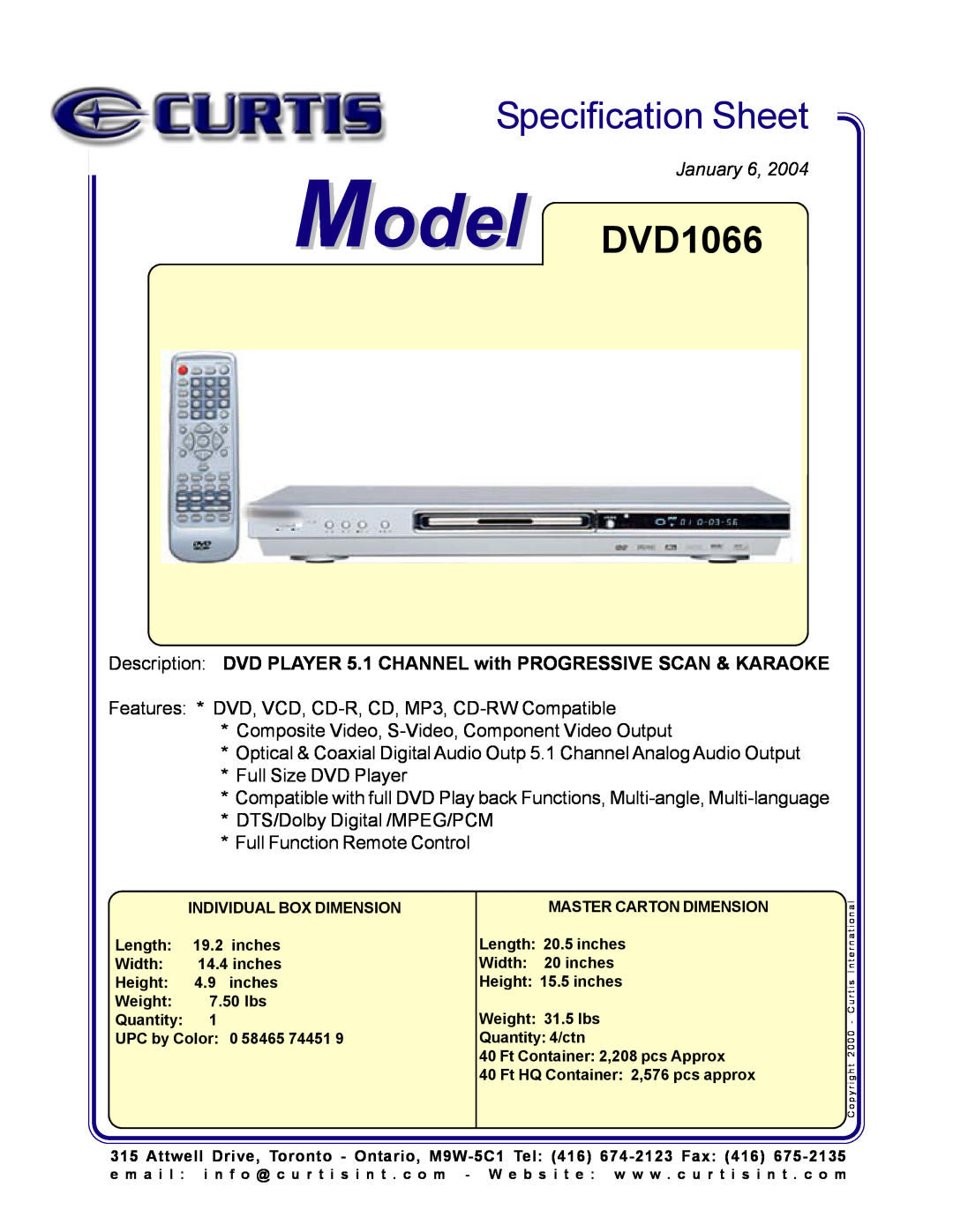 Curtis specifications Specification Sheet, Model DVD1066, January 6, Place Image Here 