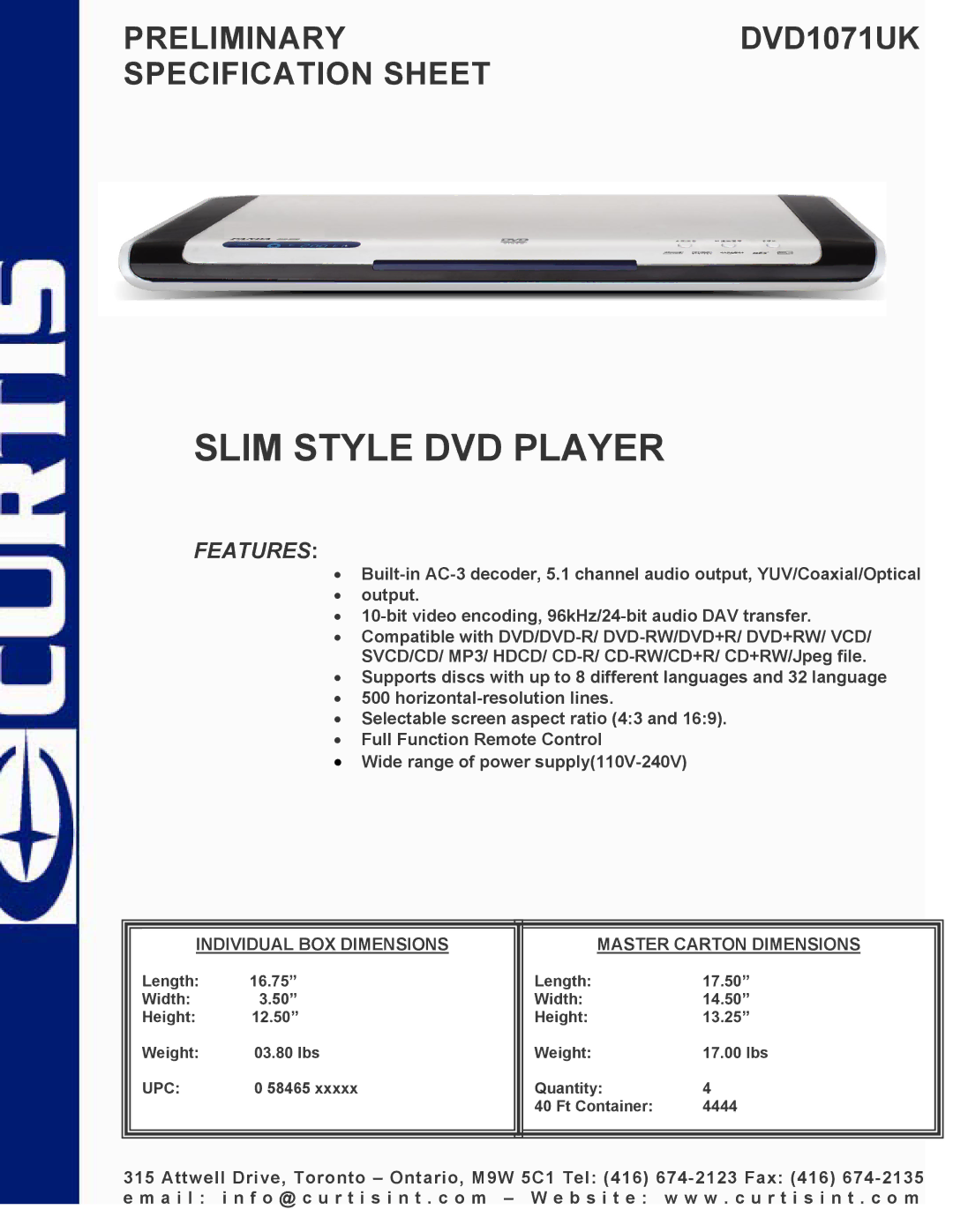 Curtis DVD1071UK specifications Slim Style DVD Player, Features, Individual BOX Dimensions Master Carton Dimensions 