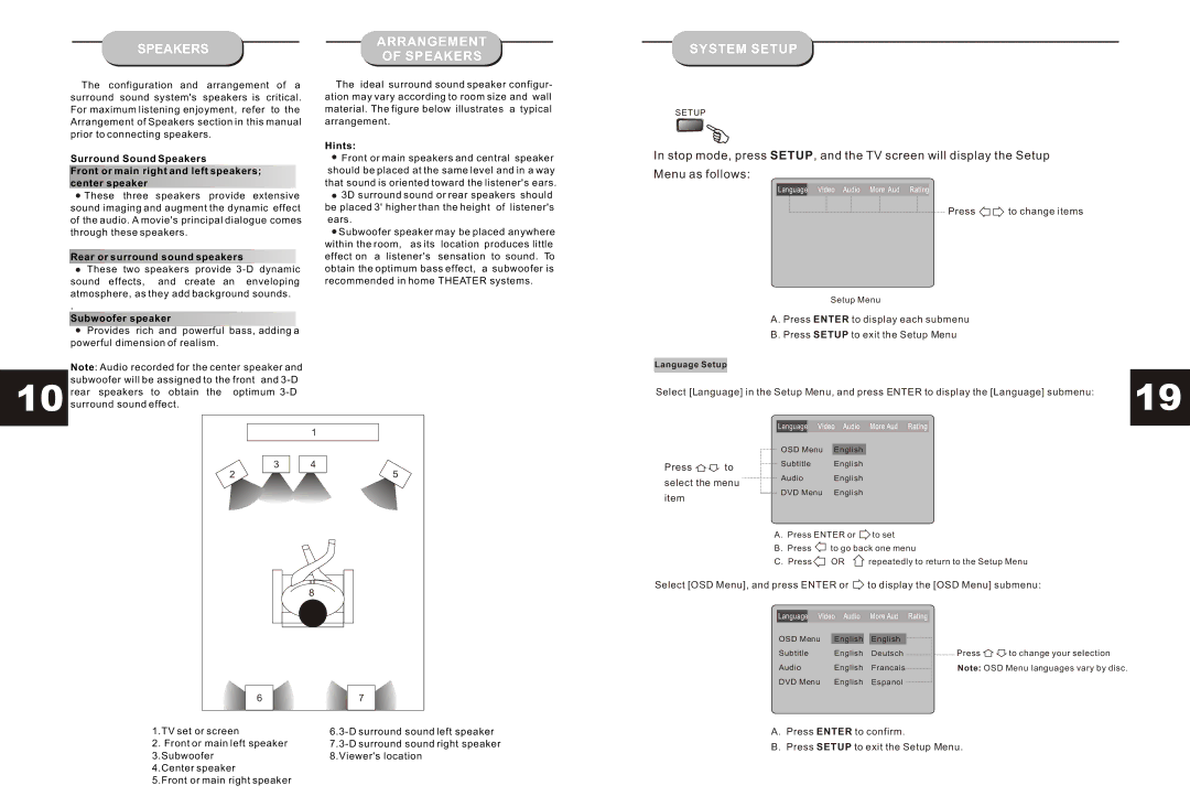 Curtis DVD1073 Speakers Arrangement System Setup, Rear or surround sound speakers, Subwoofer speaker, Hints 