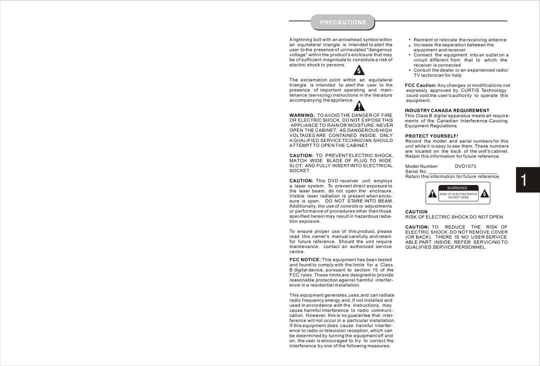 Curtis DVD1073 instruction manual Precautions, Industry Canada Requirement, Protect Yourself 