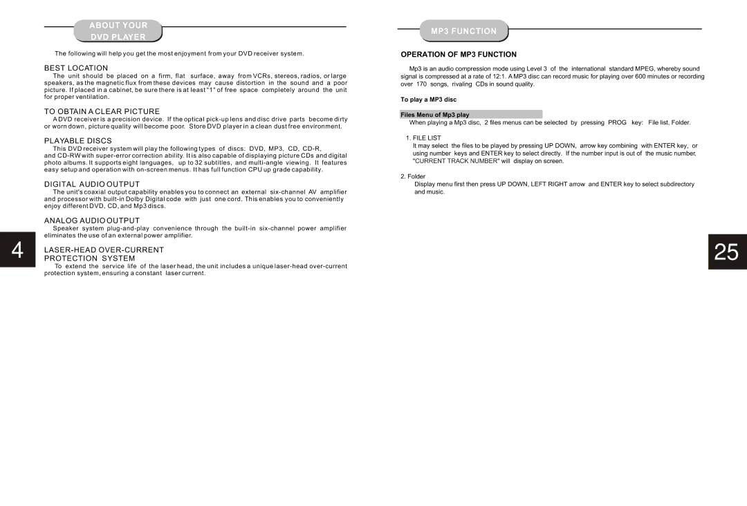 Curtis DVD1073 instruction manual About Your DVD Player, MP3 Function, To play a MP3 disc Files Menu of Mp3 play 