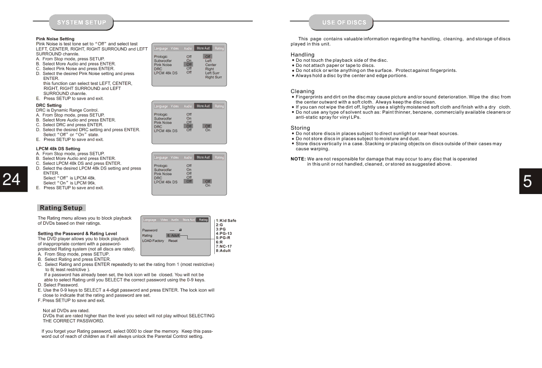 Curtis DVD1073 instruction manual System Setup USE of Discs, Pink Noise Setting, DRC Setting, Lpcm 48k DS Setting 