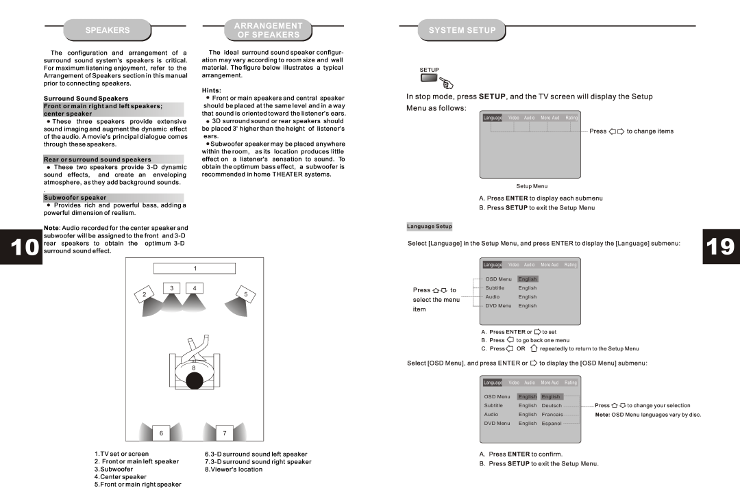Curtis DVD1073 instruction manual Arrangement, Of Speakers, Menu as follows, System Setup 