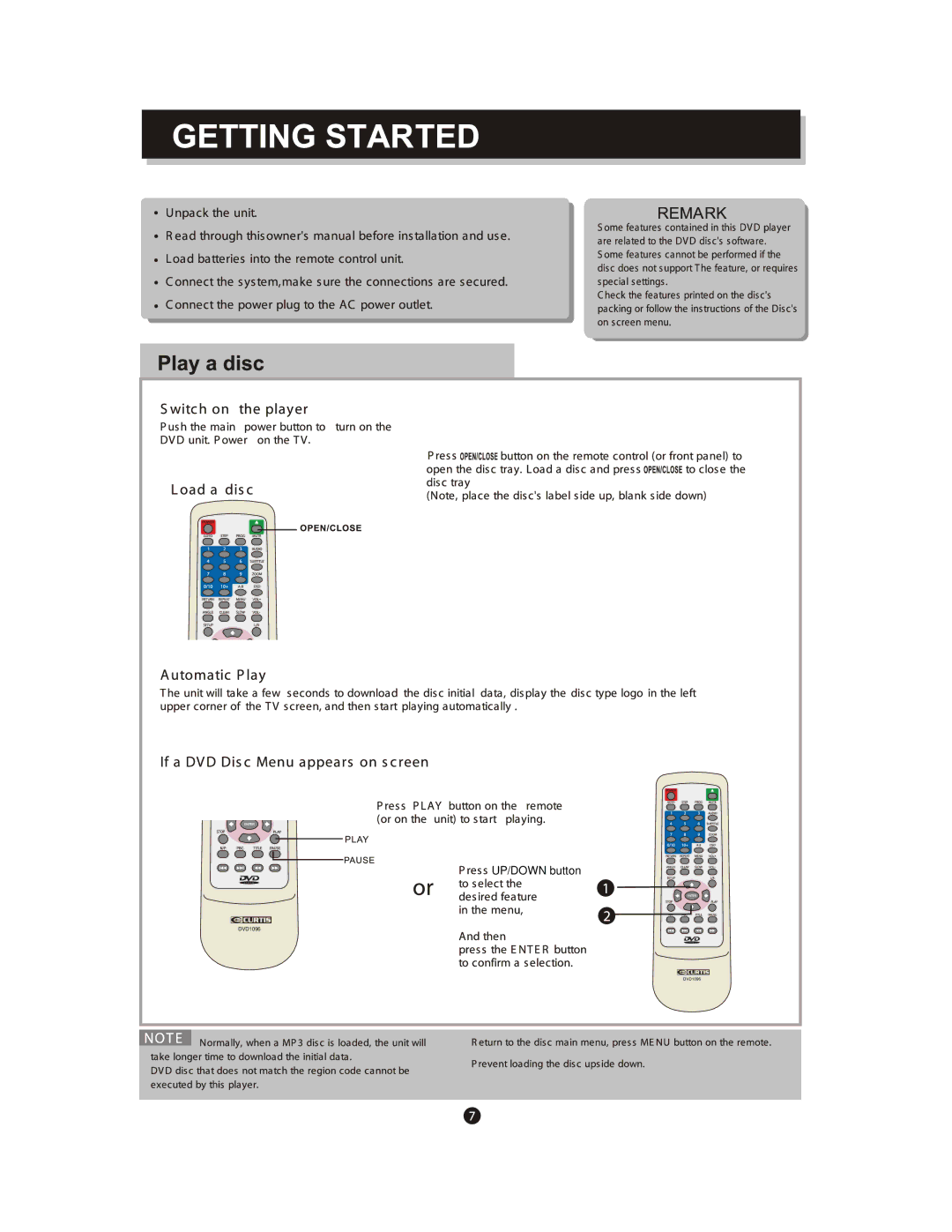 Curtis DVD1096 instruction manual UP/DOWN button 