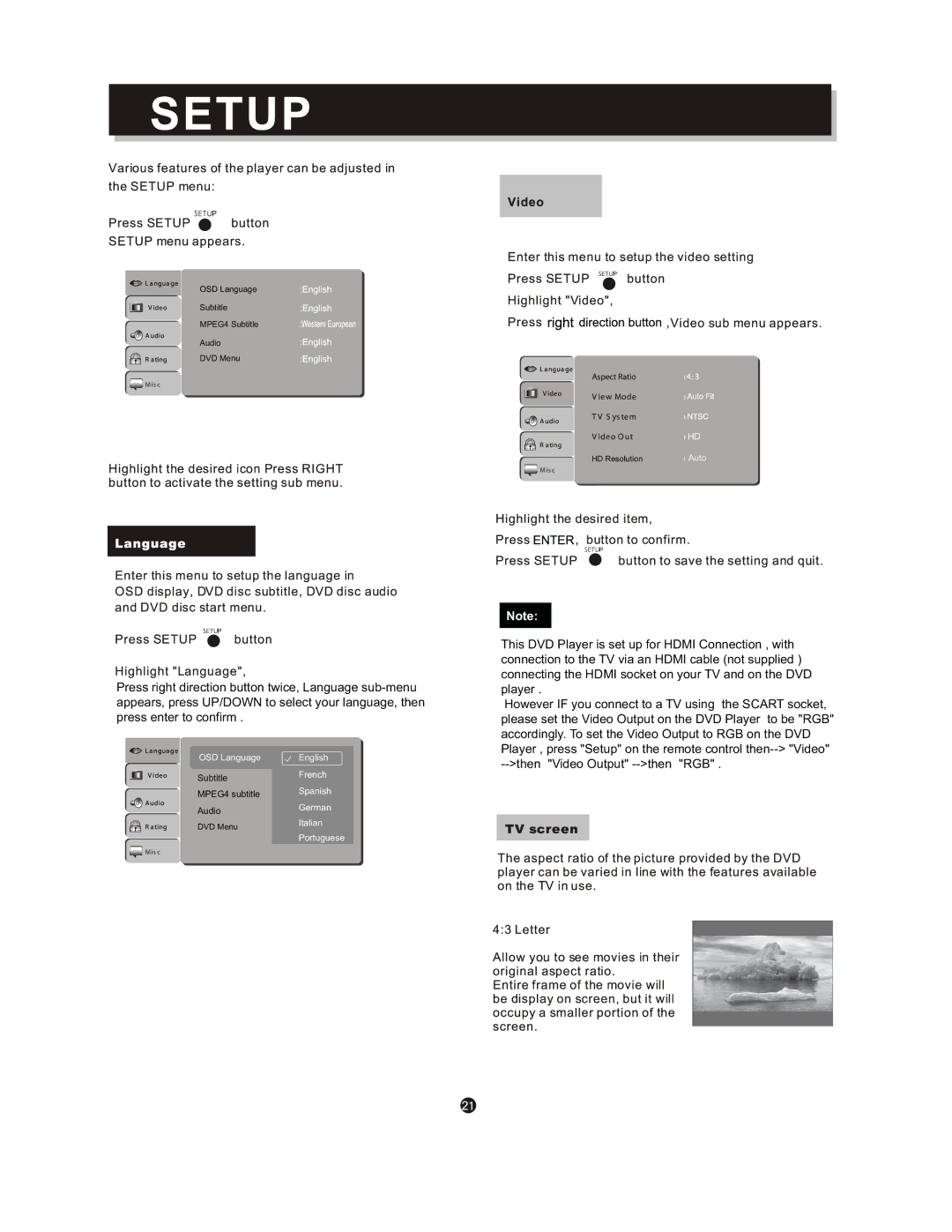 Curtis DVD1098C instruction manual OSD Language English 