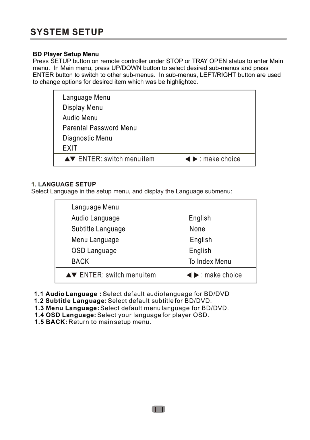 Curtis DVD1100UK user manual BD Player Setup Menu, Language Setup 