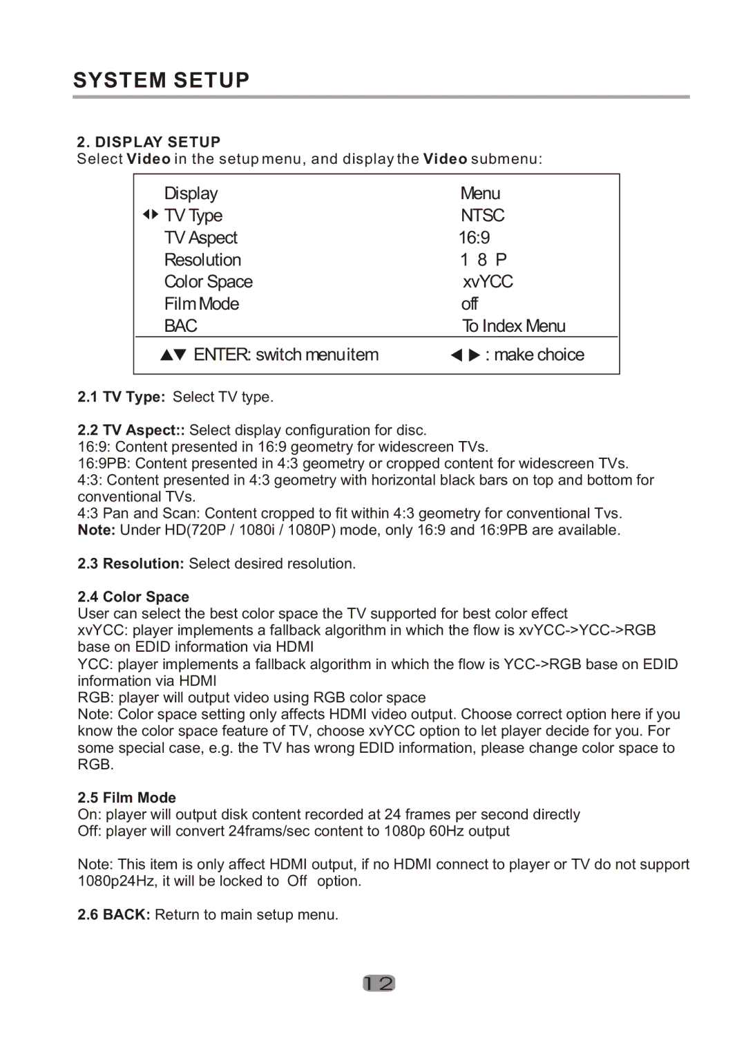 Curtis DVD1100UK user manual Display Setup, Color Space, Film Mode 