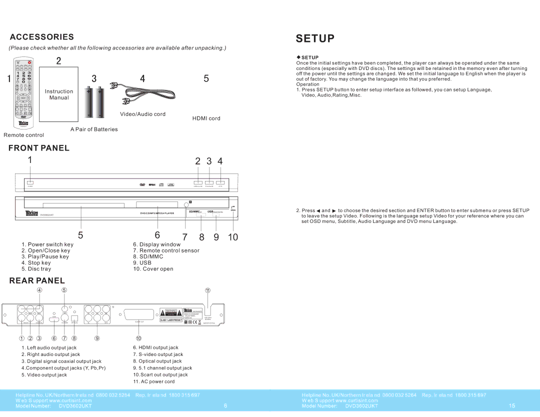 Curtis DVD3602UKT warranty Setup, Accessories, Front Panel, Rear Panel 