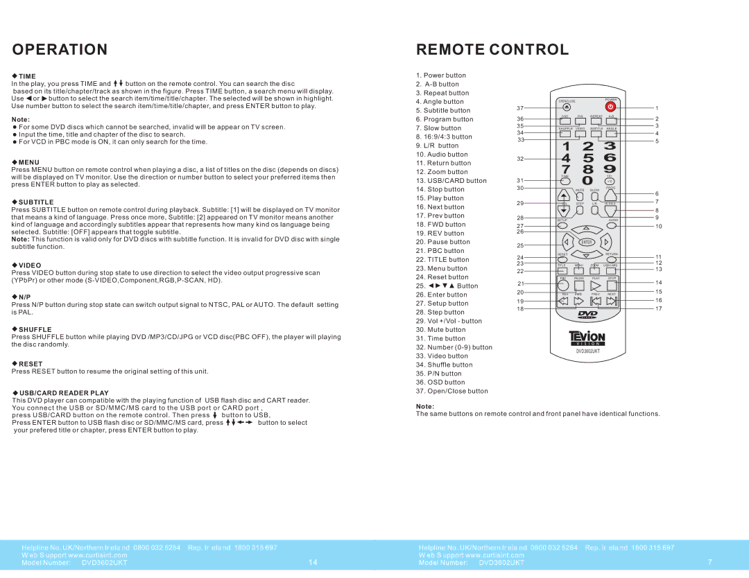 Curtis DVD3602UKT warranty Operation Remote Control 