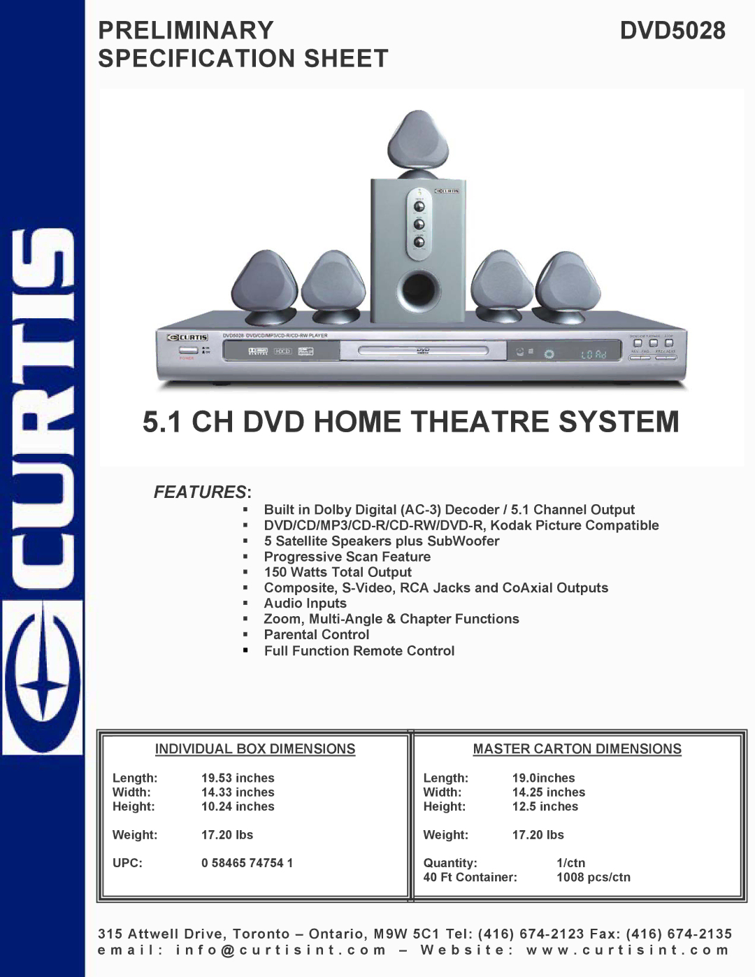 Curtis DVD5028 specifications CH DVD Home Theatre System, Features, Individual BOX Dimensions Master Carton Dimensions 