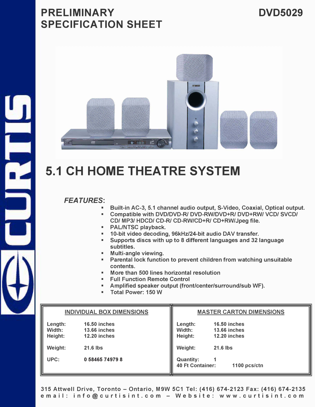 Curtis DVD5029 specifications CH Home Theatre System, Features, Individual BOX Dimensions Master Carton Dimensions 