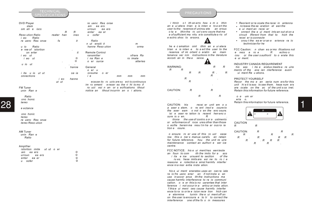 Curtis DVD5038 instruction manual Technical Specifications, Precautions, Industry Canada Requirement, Protect Yourself 