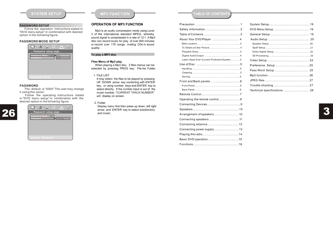 Curtis DVD5038 instruction manual System Setup, MP3 Function 