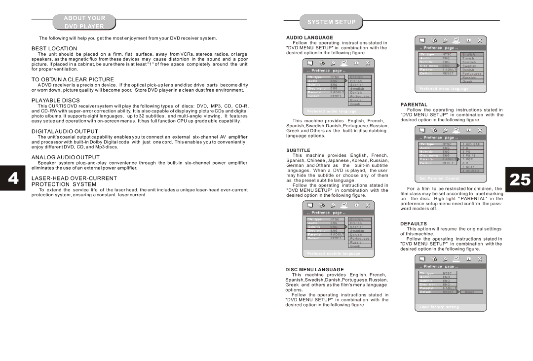 Curtis DVD5038 instruction manual About Your DVD Player, Audio Language, Parental, Defaults, Disc Menu Language 