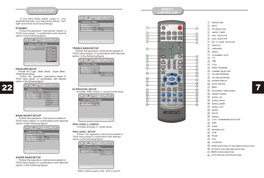 Curtis DVD5038 System Setup Remote Controller, Dynamic, Treble Bass Setup, Bass Boost Setup, Super Bass Setup 